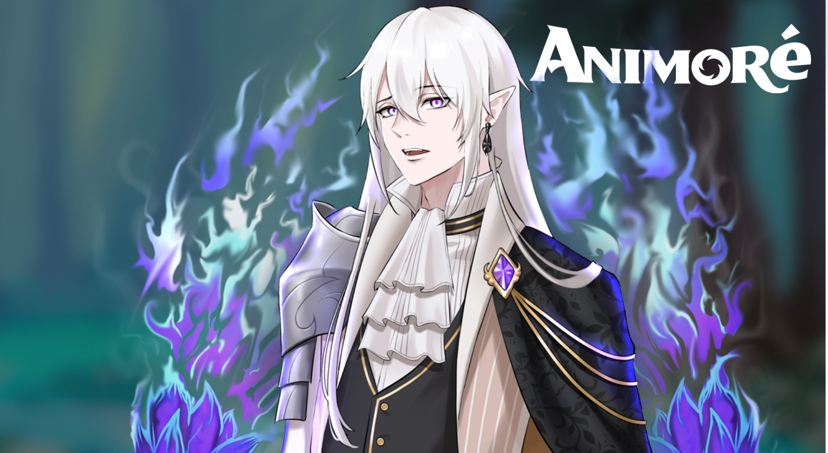 Animore portfolio anime character grey hair ghost hands purple flames